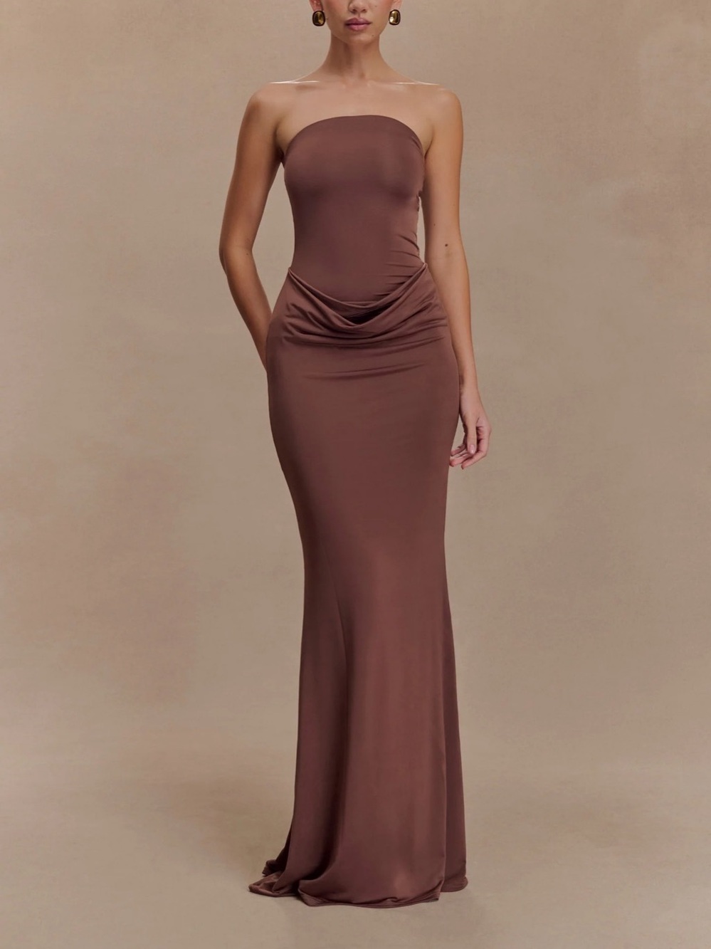 MESHKI Madison Strapless Slinky Maxi Dress - Chocolate